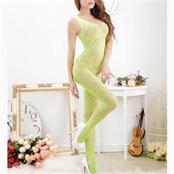 Light Green Sleeveless See-through Grid Pattern Lingerie Crotchless Bodystocking BS17082