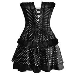 Sexy Black Satin Polka Dots Strapless Overbust Corset and Skirt Set C4097