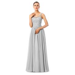 2018 Courtlike Grey A-line V-Neck Sleeveless Appliques Chiffon Long Evening Dresses F30013