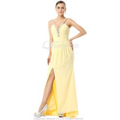 2018 Sexy Yellow V-Neck Spaghetti Straps Split-Front Crystal Chiffon Long Evening Dresses F30024