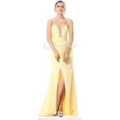 2018 Sexy Yellow V-Neck Spaghetti Straps Split-Front Crystal Chiffon Long Evening Dresses F30024
