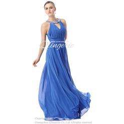 2018 Hot Selling Royalblue Jewel V-Neck Sleeveless Ruffles Chiffon Long Evening Dresses F30026