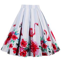 Vintage Flamingo Flowers Print Striped High Waisted Flared Pleated Skirt HG15040