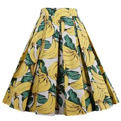 Vintage Banana Print Striped High Waisted Flared Pleated Skirt HG15048
