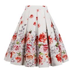 Women's Retro Vintage Rose Print High Waisted Flared Pleated Skater Skirt HG16489