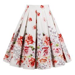 1950's Vintage Skater Skirt, Sexy Skater Skirt for Women, A Line Pleated Skirt, Floral Print Skirt, Retro Fashion Skirts White, #HG16489
