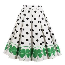 Women's Retro Vintage Round Dot and Clover Print High Waisted Flared Pleated Skater Skirt HG16491
