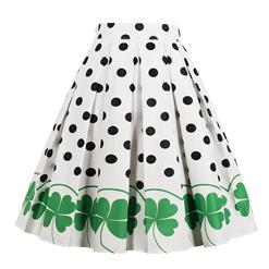 Women's Retro Vintage Round Dot and Clover Print High Waisted Flared Pleated Skater Skirt HG16491