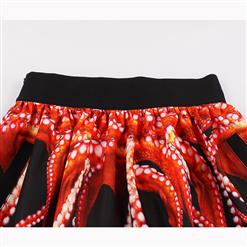 Retro Casual Octopus Print High Waist Ruffled Flared Midi A-Line Skirt HG16565