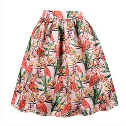 1950's Vintage Midi A-Line Skirt, Sexy High Waist Flared Skirt for Women, Red-crowned Crane Print Ruffled Skirt, Red-crowned Crane Print A-Line Skirt, Retro Casual Printed A Line Skirts, #HG17042