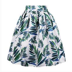Vintage Casual Leaves Print High Waist Ruffled Flared Midi A-Line Skirt HG17045