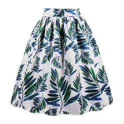 Vintage Casual Leaves Print High Waist Ruffled Flared Midi A-Line Skirt HG17045