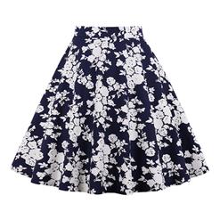 Vintage Casual Blue/White Floral Print High Waist Flared Midi A-Line Skirt HG17395