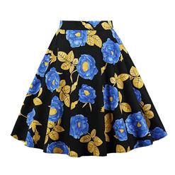 Vintage Casual Black Floral Print High Waist Flared Midi A-Line Skirt HG17397