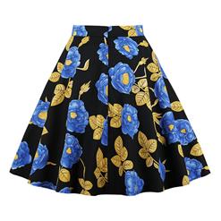 Vintage Casual Black Floral Print High Waist Flared Midi A-Line Skirt HG17397
