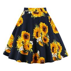 Vintage Casual Sunflower Daisy Print High Waist Flared Midi A-Line Skirt HG17415