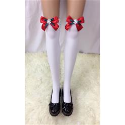 Lovely White Anime Stockings Red Christmas Bowknot with Snowflake French Maid Cosplay Stockings HG18504