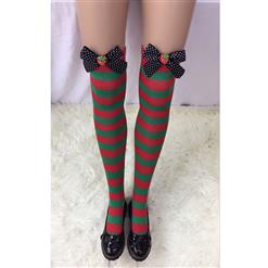 Fashion Christmas Red and Green Stripes with Black Bowknot and Strawberry Maid Cosplay Stockings HG18528