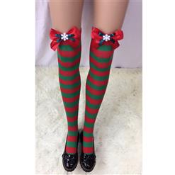 Christmas Red and Green Stripes Stockings with Red Bowknot and Snowflake Maid Cosplay Stockings HG18533