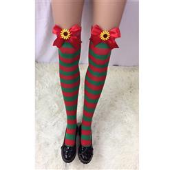 Christmas Red and Green Stripes Stockings with Red Bowknot and Sun Flower Maid Cosplay Stockings HG18548