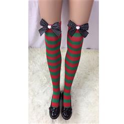 Christmas Red and Green Stripes Stockings with Bowknot and Cartoon Cat Maid Cosplay Stockings HG18552