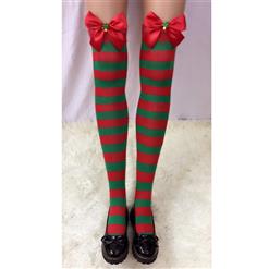 Christmas Red and Green Stripes Stockings with Red Bowknot and Christmas Tree Cosplay Stockings HG18554