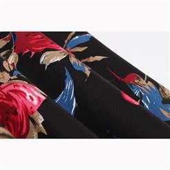Casual Fashion Black Floral Print High Waist Flared Midi A-Line Skirt HG17393