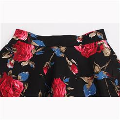 Casual Fashion Black Floral Print High Waist Flared Midi A-Line Skirt HG17393