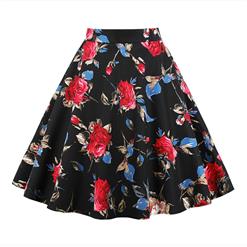 1950's Vintage Midi A-Line Skirt, Sexy High Waist Flared Skirt for Women, Fashion Floral Print Flared Midi Skirt, Casual Flower Print A-Line Skirt, Retro Casual Printed A-Line Skirts, #HG17393