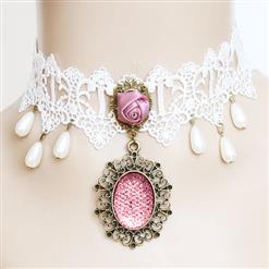 Victorian White Lace Tassel Pendant Pearl Wedding Party Princess Choker Necklace J12062