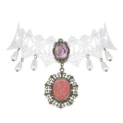 Victorian White Lace Tassel Pendant Pearl Wedding Party Princess Choker Necklace J12062