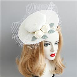Charming White Flower Hair Clip, Flower Net Hair Clip Hat, Fashion Beach Hat for Women, Elegant Flower and Bead Hair Clip, Casual White Flower Hair Accessory, #J17271