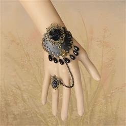 Gothic Retro Lace Rose Bead Wristband Victorian Style Bracelet with Ring J17677