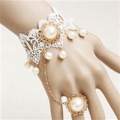 Vintage White Lace Wristband Victorian Pearl Embellishment Bracelet with Ring J17825