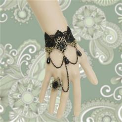 Victorian Gothic Black Lace Wristband Black Beads Embellishment Bracelet with Ring J17827
