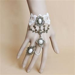 Vintage White Lace Wristband Pearl Metal Leaf Bracelet with Ring J17873