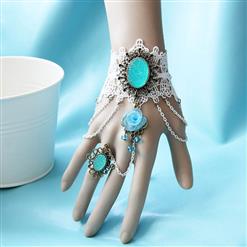 Vintage Ice Queen White Lace Wristband Blue Gem Bracelet with Ring J17874