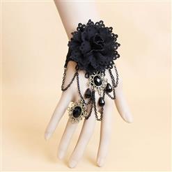 Fashion Black Gothic Lace Wristband Flower Gem Bracelet with Ring J17876