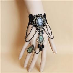 Fashion Black Gothic Lace Wristband Euripean Style Chain Bracelet with Ring J17881