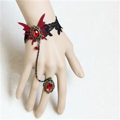 Gothic Black Floral Lace Wristband Ruby Bracelet with Ring J17884
