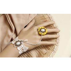Vintage White Floral Lace Wristband Gem Embellishment Bracelet with Ring J17901