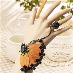 Victorian Style Black Lace Wristband Fancy floral Embellishment Bracelet with Ring J17907