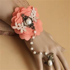 Vintage Orange Flower Embroidery Pearl Bracelet with Metal Ring J17914