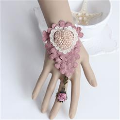 Vintage Style Pink Floral Embroidery Bead Bracelet with Ring J17922