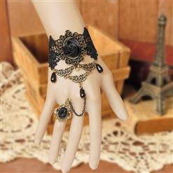 Victorian Gothic Black Lace Wristband Rose Embellishment Bracelet with Ring J17989