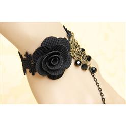 Victorian Gothic Black Lace Wristband Rose Embellished Bracelet with Ring J18063