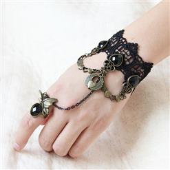 Gothic Black Floral Lace Wristband Black Heart Gem Bracelet with Ring J18082