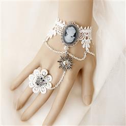 Retro White Lace Wristband Silver Sun Charms Bracelet with Crown Ring J18094