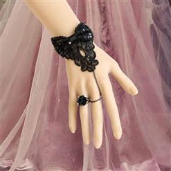 Gothic Black Wristband Sequin Bowknot Embellished Bracelet with Ring J18099