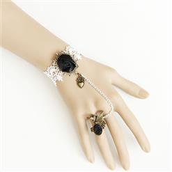 Gothic Bracelet, Gothic Black Rose Bracelet, Cheap Wristband, Gothic White Bracelet, Victorian White Lace Bracelet, Retro White Wristband, Bracelet with Ring, #J18112